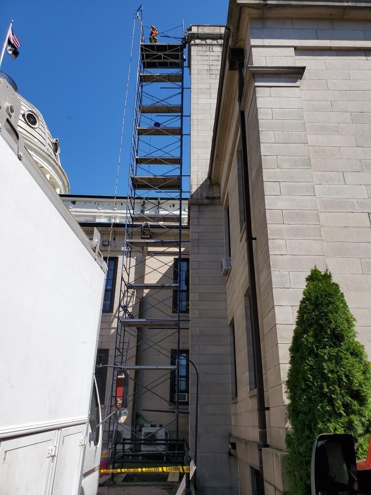 Staging a chimney for a liner install